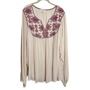 Nurture by Westbound Gauze Blouse 3X Ivory Pink Embroidered Cottagecore Boho NEW